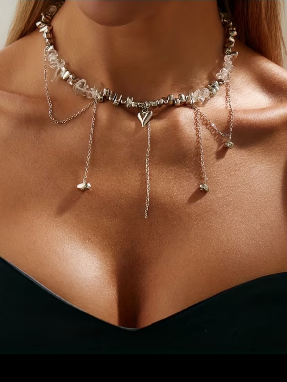 Boho Chic Silver Heart Dangle Choker Necklace
